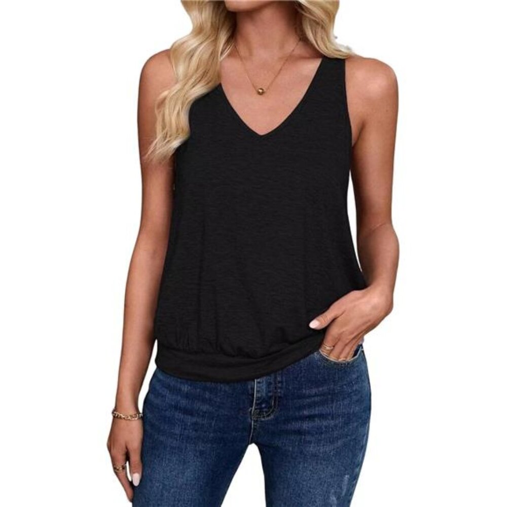 Women's Black Tank Tops Casual V Neck Sleeveless Summer Spring Clothes Loose Fit